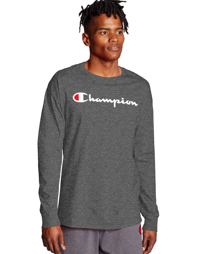 Champion T-Shirt Heren - DonkerGrijs - Classic Long-Sleeve Script Logo ( 014657-GSF )